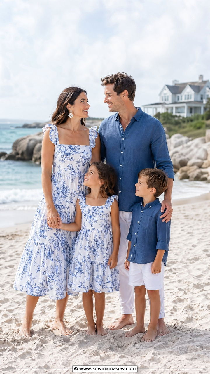 Toile Print Blue and White Family Beach Outfits - 35 summer family photo outfit ideas