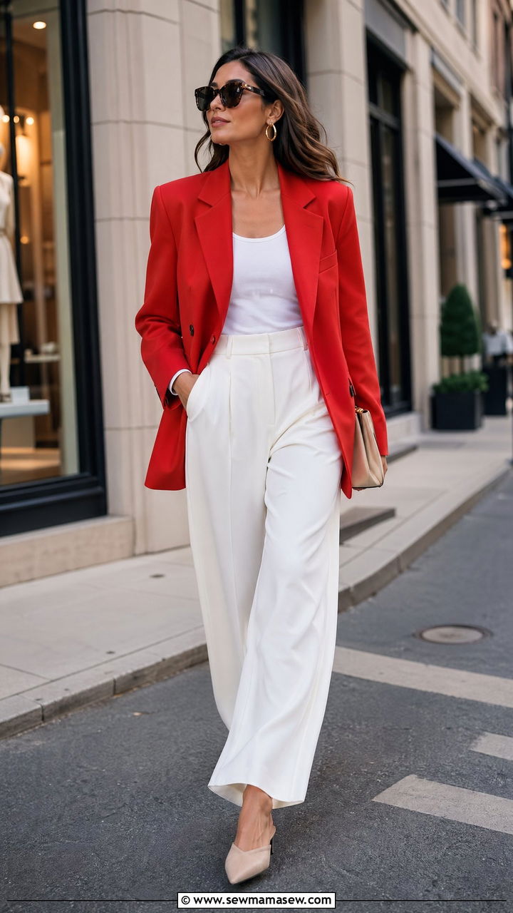 Tomato Red Blazer and White Trousers - 35 Tomato red outfit ideas