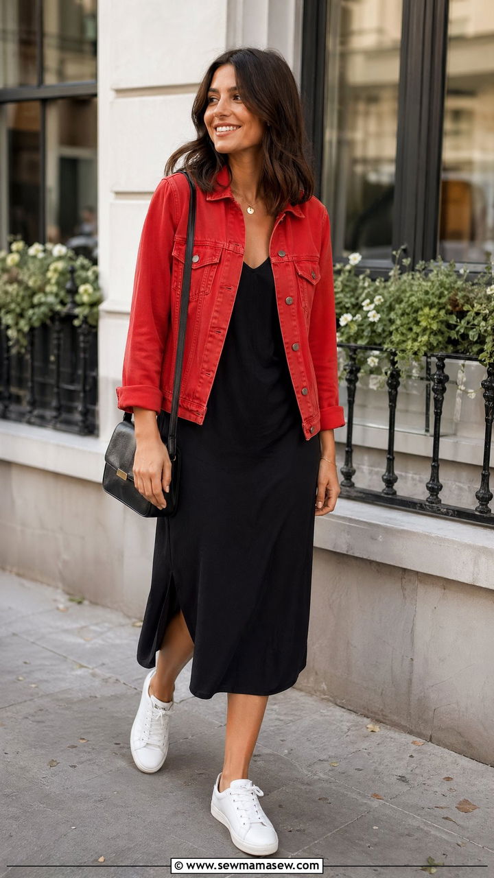 Tomato Red Denim Jacket and Black Midi Dress - 35 Tomato red outfit ideas