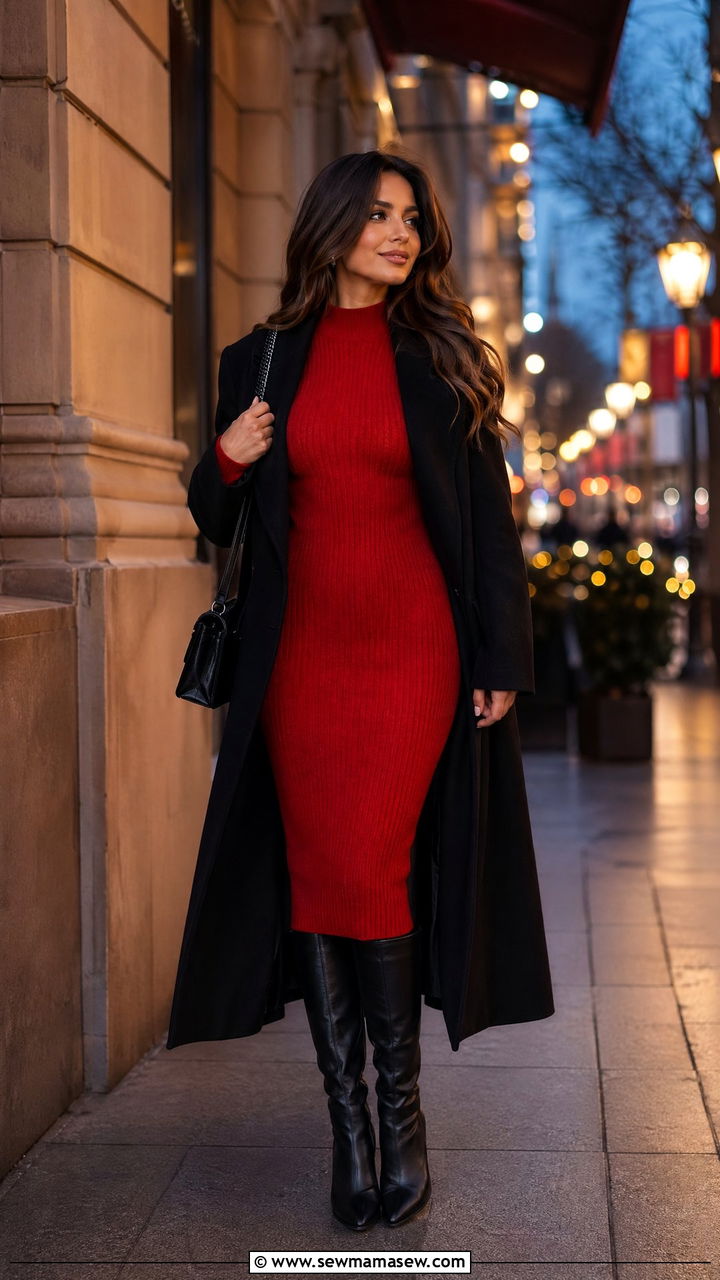 Tomato Red Knit Dress and Knee High Boots - 35 Tomato red outfit ideas