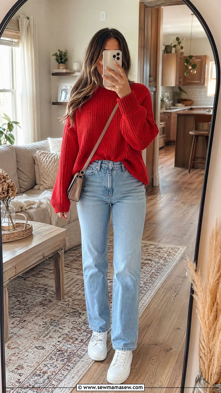 Tomato Red Knit Sweater and Blue Jeans - 35 Tomato red outfit ideas