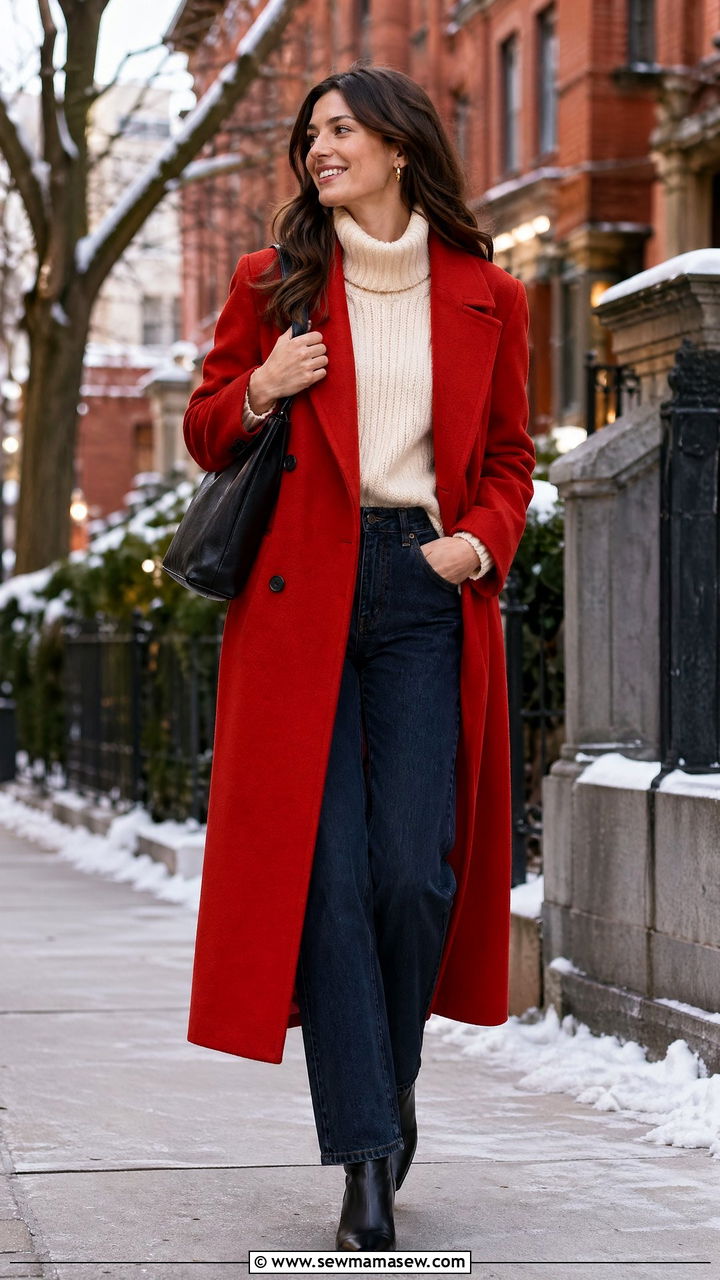 Tomato Red Long Coat and Turtleneck - 35 Tomato red outfit ideas