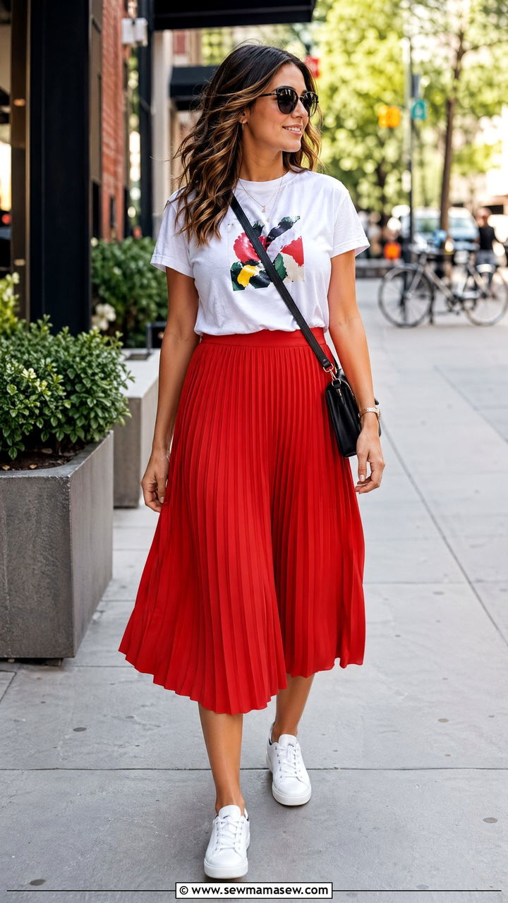 Tomato Red Pleated Midi Skirt and Graphic Tee - 35 Tomato red outfit ideas