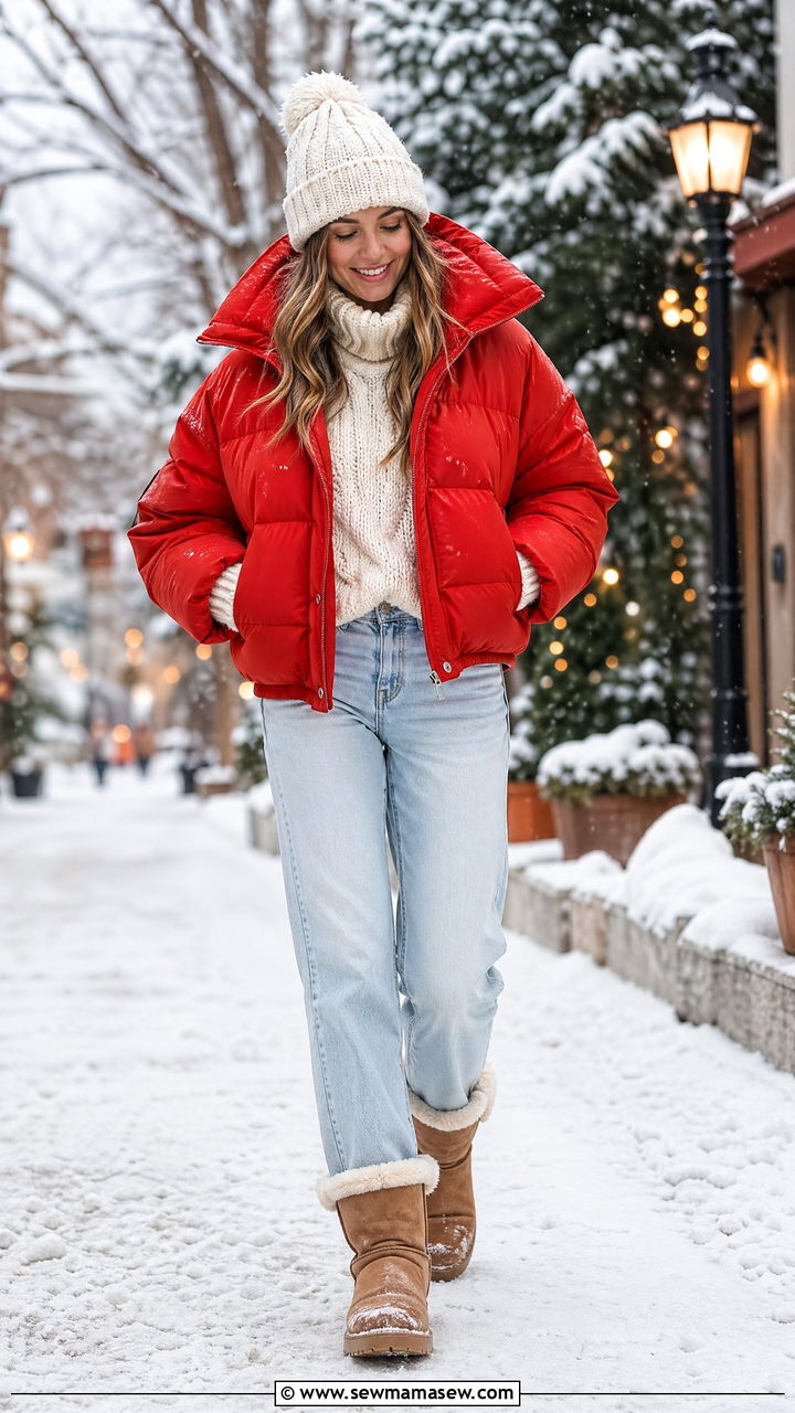 Tomato Red Puffer Coat and Winter Neutrals - 35 Tomato red outfit ideas