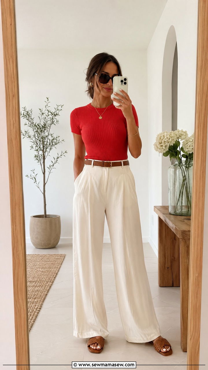 Tomato Red Ribbed Top and Cream Wide Leg Pants - 35 Tomato red outfit ideas