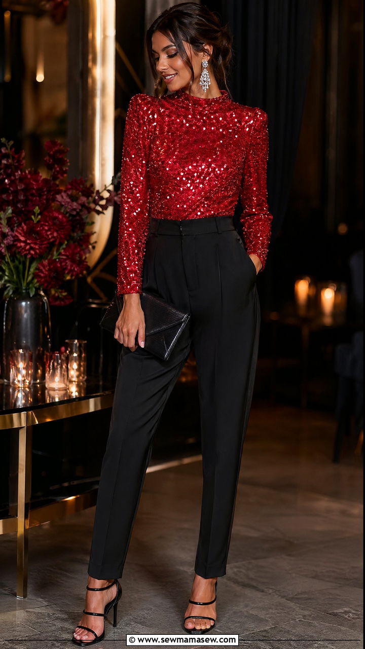 Tomato Red Sequin Top and Black Trousers - 35 Tomato red outfit ideas