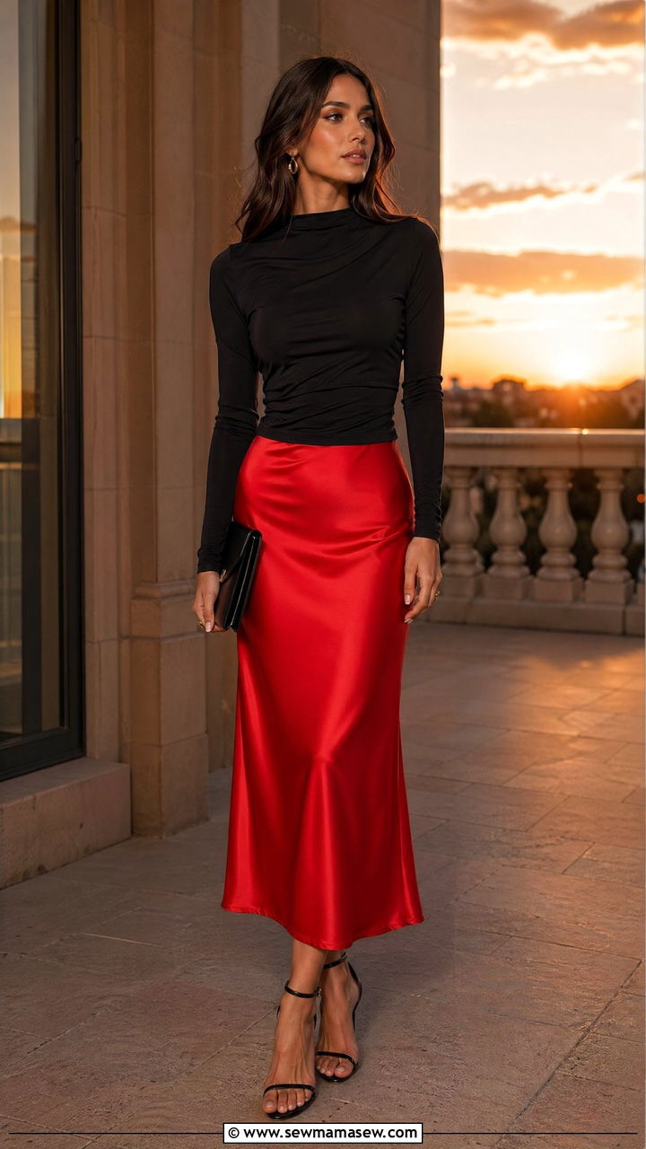 Tomato Red Slip Skirt and Black Top - 35 Tomato red outfit ideas