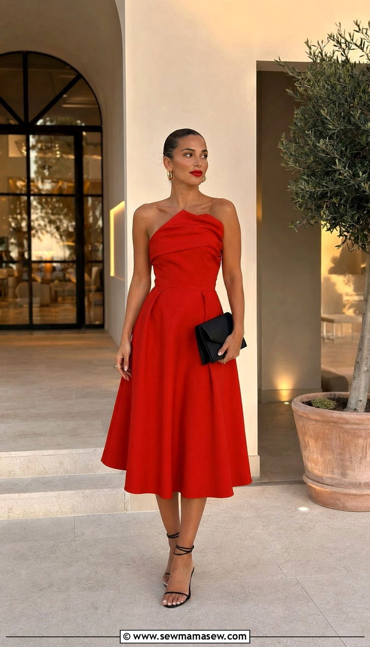 Tomato Red Structured Midi Dress - 30 Wedding guest outfits spring 2026