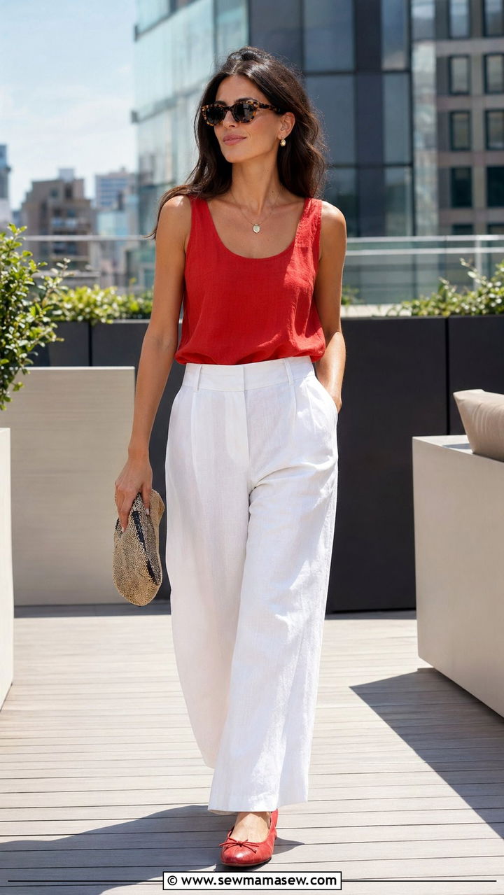 Tomato Red Tank With White Wide Leg Pants - 30 Aesthetic summer outfit ideas 2026