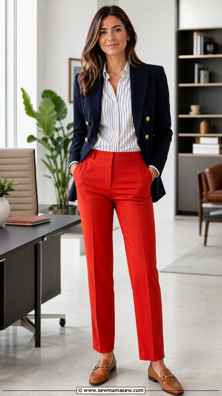 Tomato Red Trousers and Navy Blazer - 35 Tomato red outfit ideas