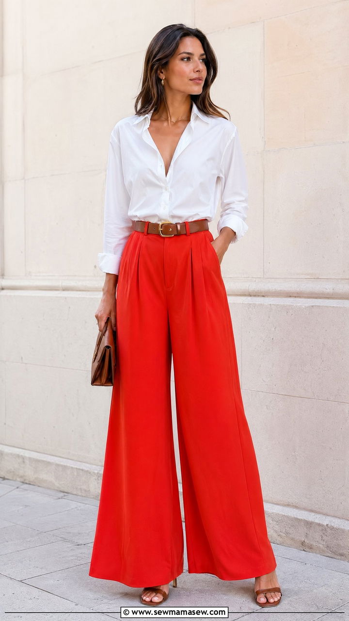 Tomato Red Wide Leg Pants and White Blouse - 35 Tomato red outfit ideas