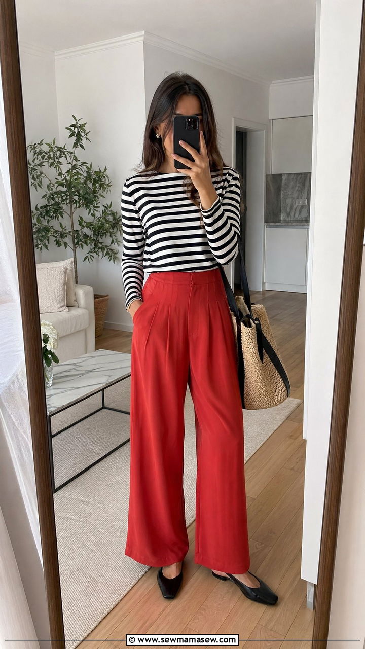 Tomato Red Wide Leg Trousers and Striped Top - 35 Tomato red outfit ideas