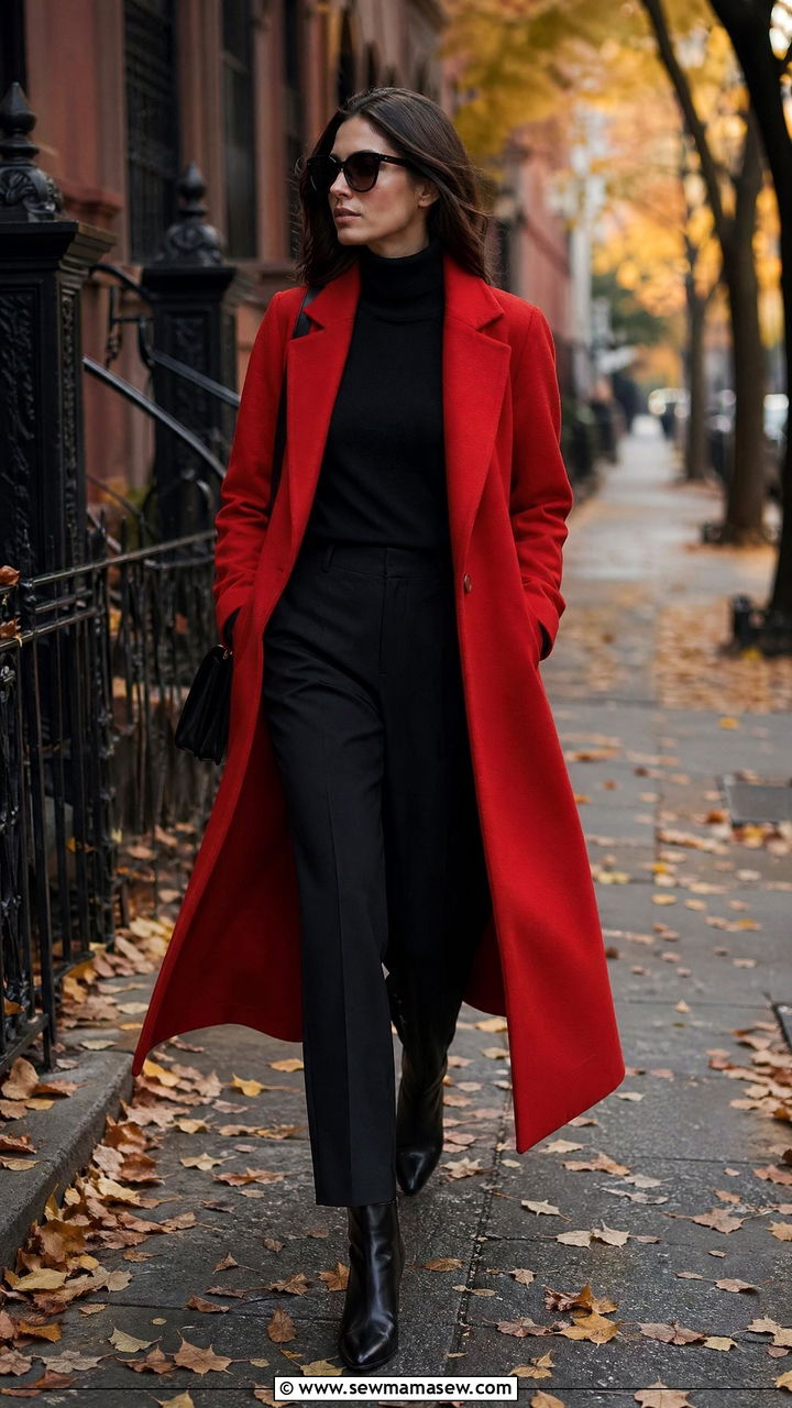 Tomato Red Wool Coat and All Black Layers - 35 Tomato red outfit ideas