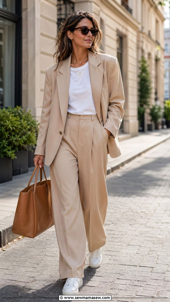 Tonal Beige Suit With White Tee and Sneakers - 35 transitional old money outfit ideas