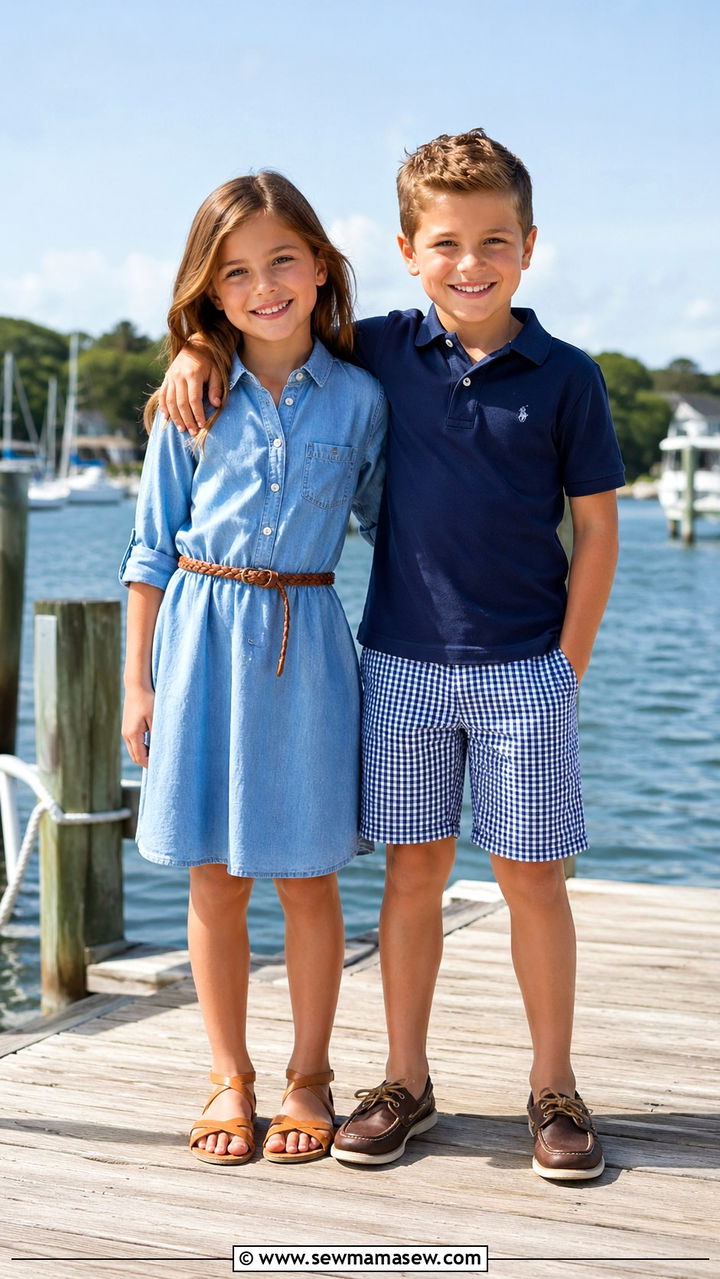 Tonal Blue Sibling Outfit from Chambray to Navy - 30 Sibling photoshoot outfit ideas