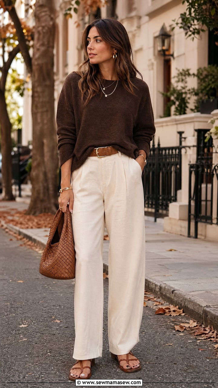 Tonal Brown Layers With Woven Bag And Suede Sandals - 35 casual outfits aesthetic