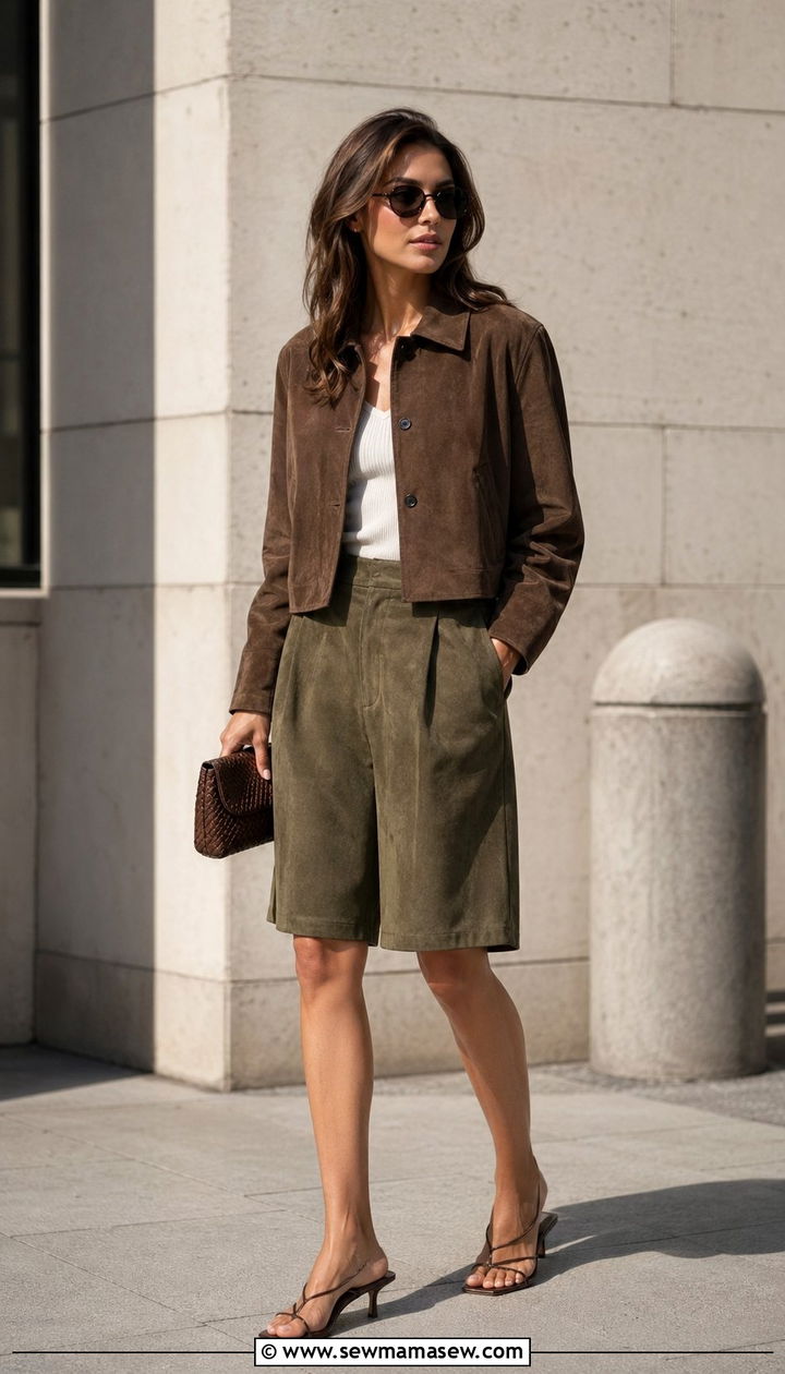 Tonal Brown Suede Jacket with Bermuda Shorts Outfit - 35 Scandinavian outfit ideas