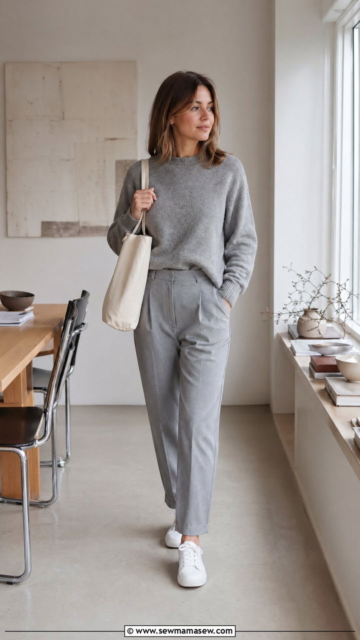 Tonal Grey Knit With Grey Trousers And White Sneakers - 35 spring quiet luxury outfit ideas