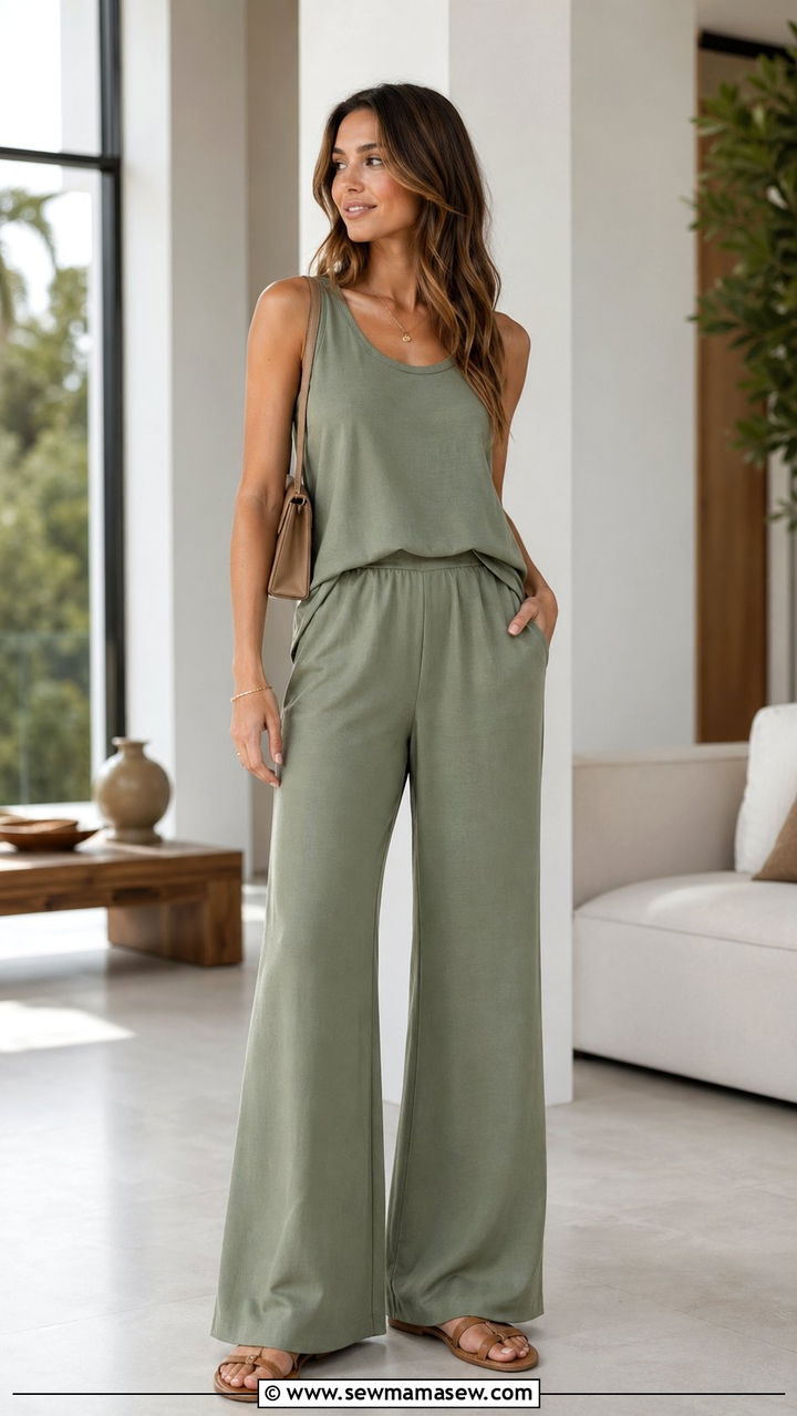 Tonal Wide Leg Pants Set With Minimal Sandals - 30 Wide leg pants outfit ideas for summer