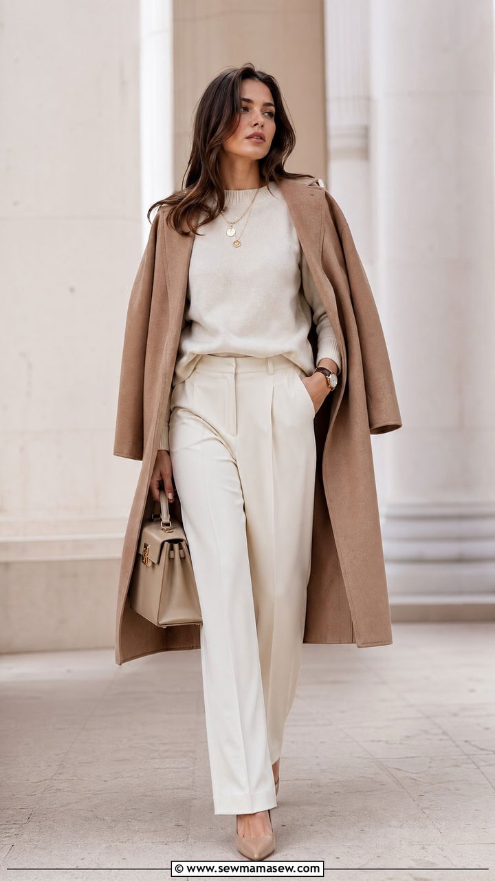 Tonal beige outfit with a camel coat and cream knits - 35 transitional french girl outfit ideas