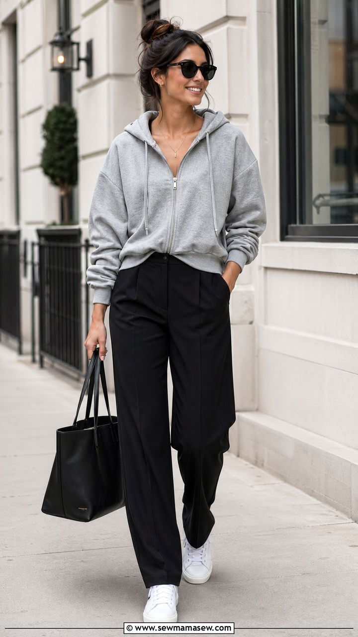 Tote bag with a hoodie and tailored trousers - 35 Tote bag outfit ideas