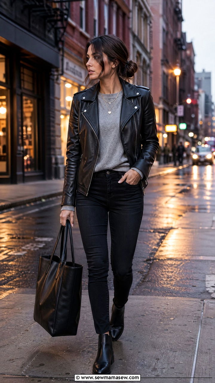 Tote bag with a leather jacket - 35 Tote bag outfit ideas