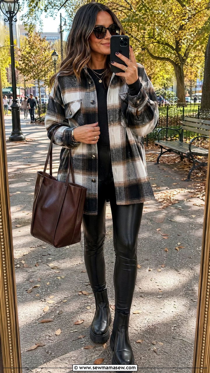 Tote bag with a shacket and leggings - 35 Tote bag outfit ideas