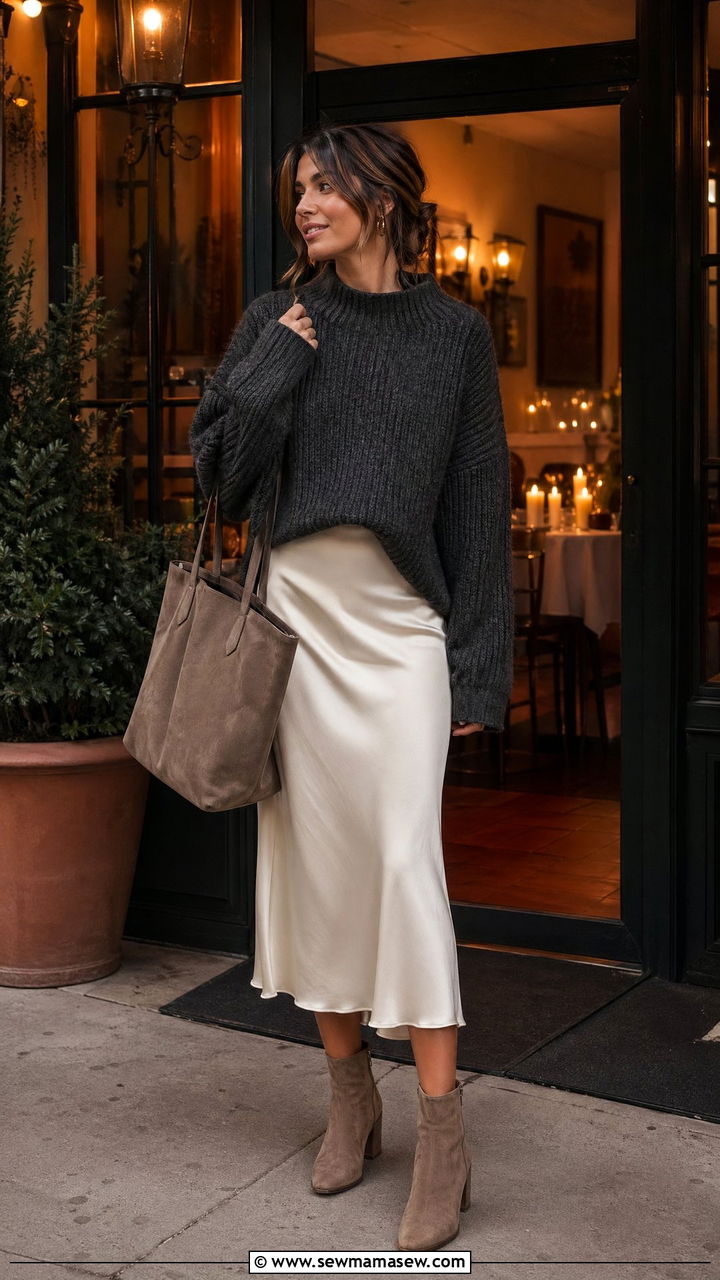 Tote bag with a slip skirt and chunky knit - 35 Tote bag outfit ideas