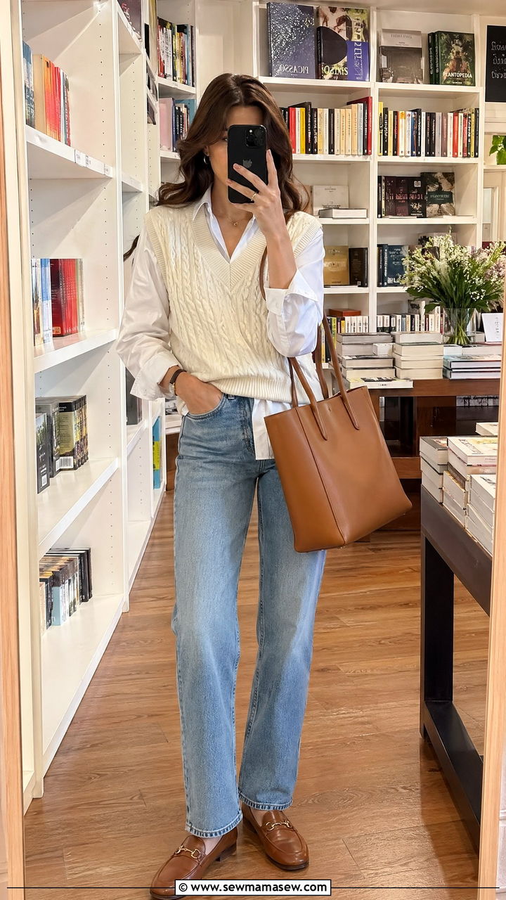 Tote bag with a sweater vest and jeans - 35 Tote bag outfit ideas