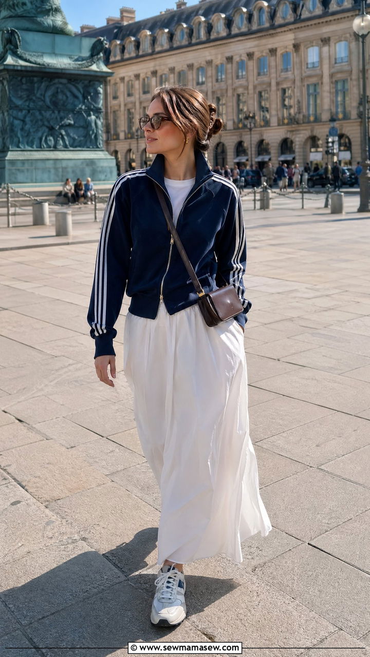 Track Jacket White Maxi Skirt And Sporty Sneakers - 35 spring street style outfit ideas