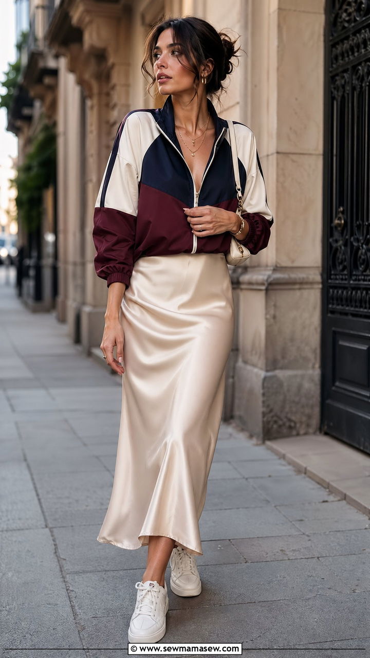 Track Jacket With Midi Slip Skirt - 35 Sporty chic outfit ideas for errands