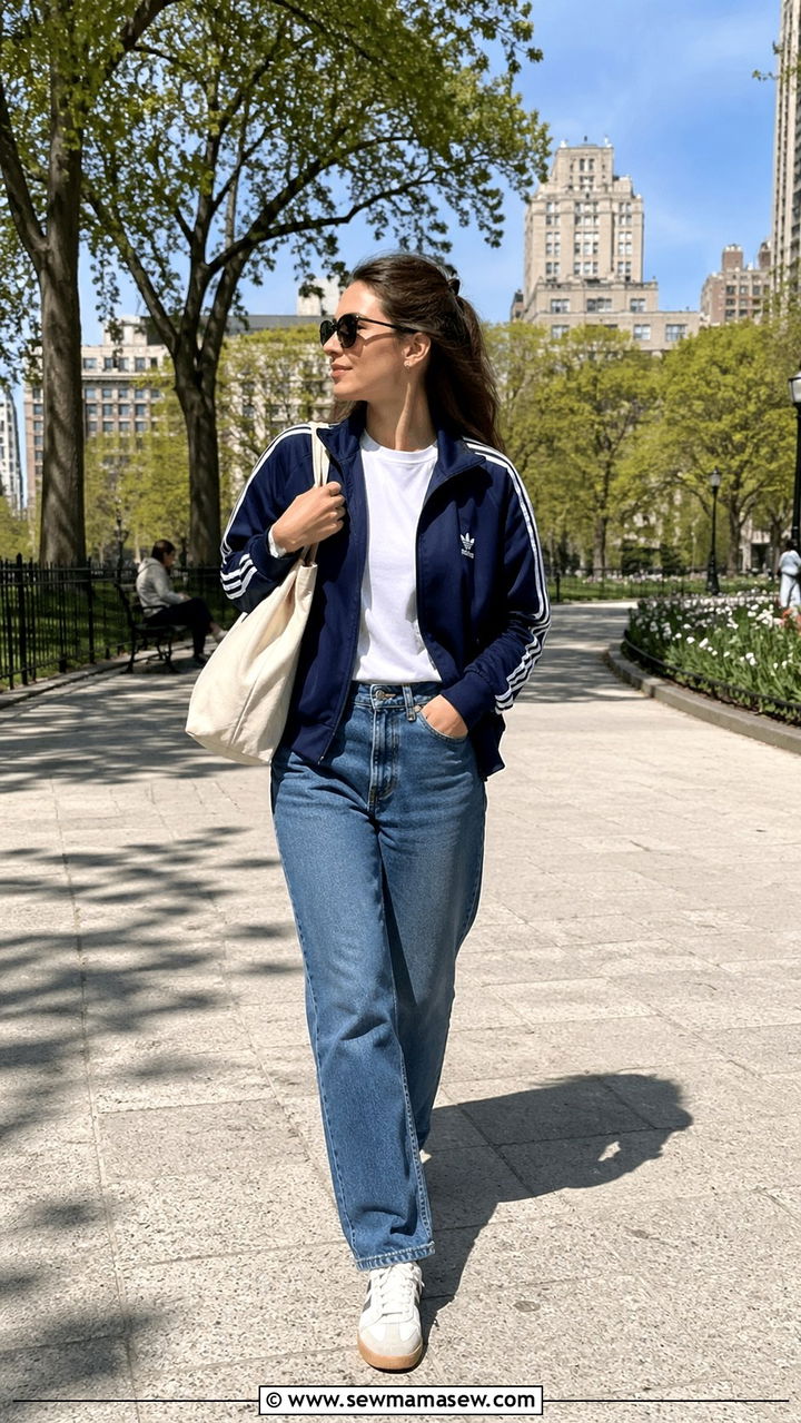 Track Jacket and Straight Leg Jeans - 30 sporty chic outfits inspo