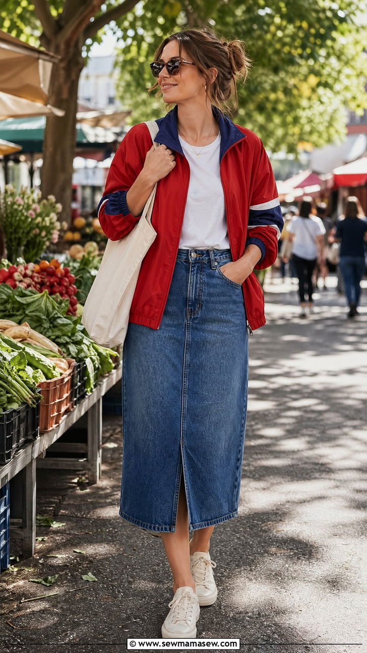 Track Jacket with Denim Midi Skirt and Canvas Sneakers Outfit - 35 transitional sporty chic outfit ideas