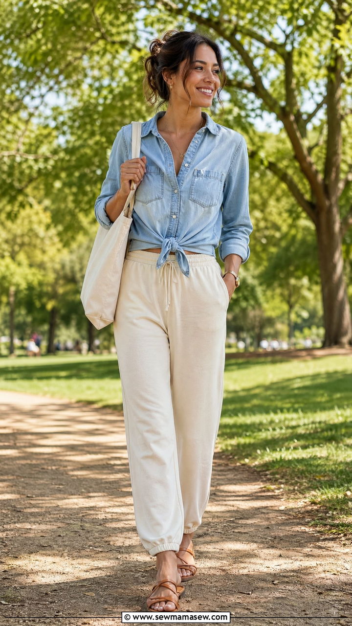 Track Pants With Denim Shirt - 35 track pants outfit ideas
