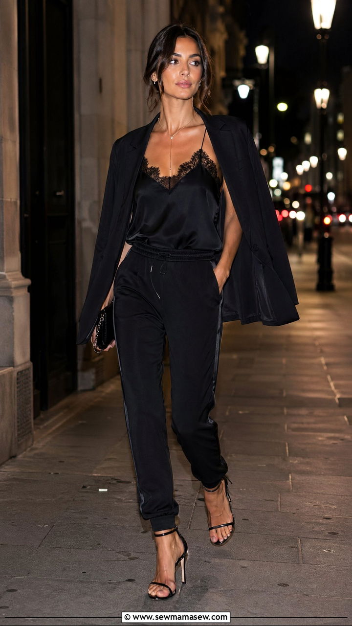 Track Pants With Lace Camisole And Stilettos - 35 track pants outfit ideas