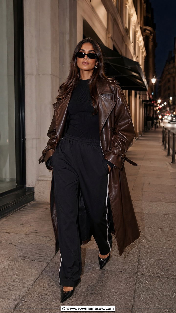Track Pants With Leather Trench Coat - 35 track pants outfit ideas
