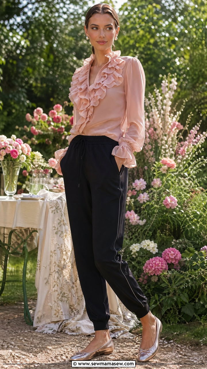 Track Pants With Ruffled Blouse - 35 track pants outfit ideas