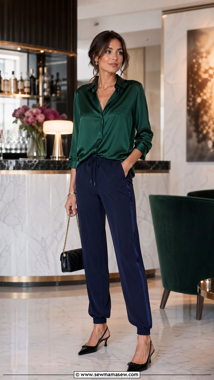 Track Pants With Silk Blouse And Kitten Heels - 35 track pants outfit ideas