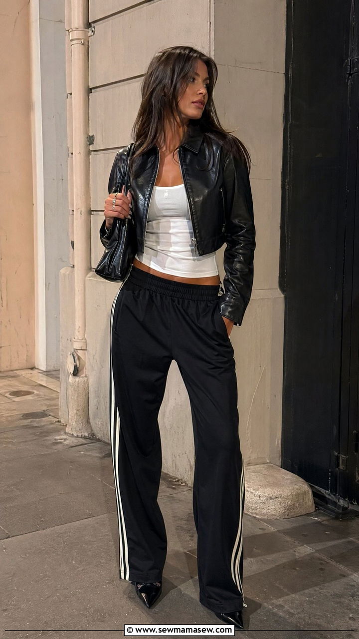 Track Pants with Leather Jacket and Pointed Toe Boots Outfit - 35 sporty chic outfits