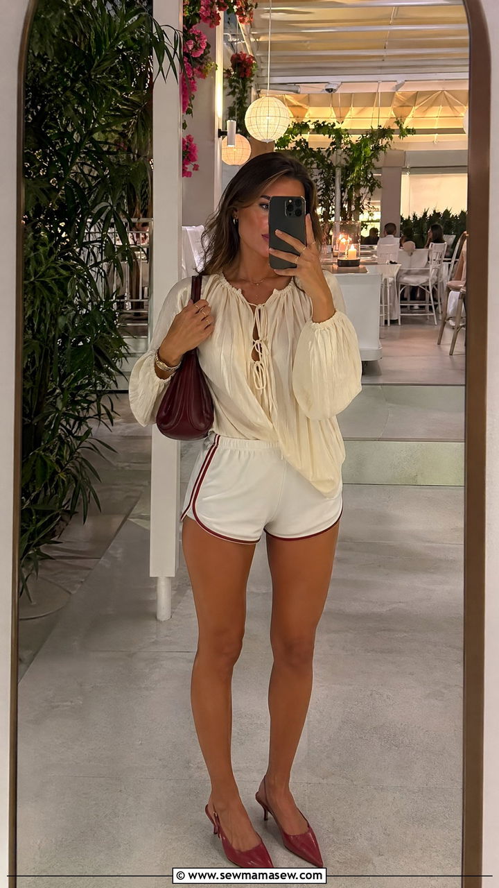 Track Shorts with Peasant Blouse and Kitten Heels Outfit - 35 sporty chic outfits