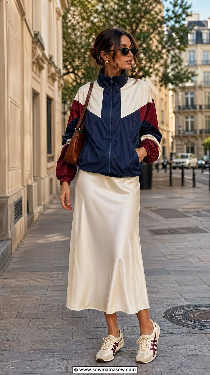 Track jacket and midi skirt - 35 sporty chic outfits ideas