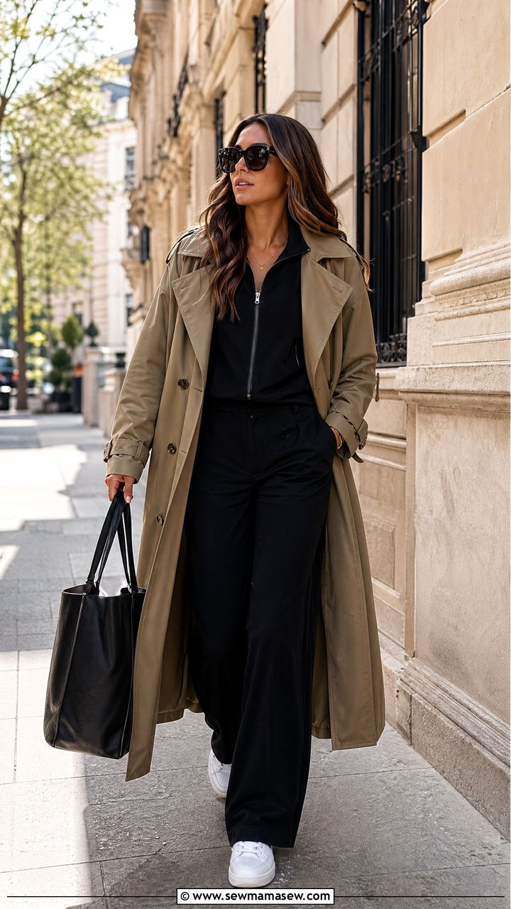 Track pant set with a trench coat - 35 Chic loungewear outfit ideas