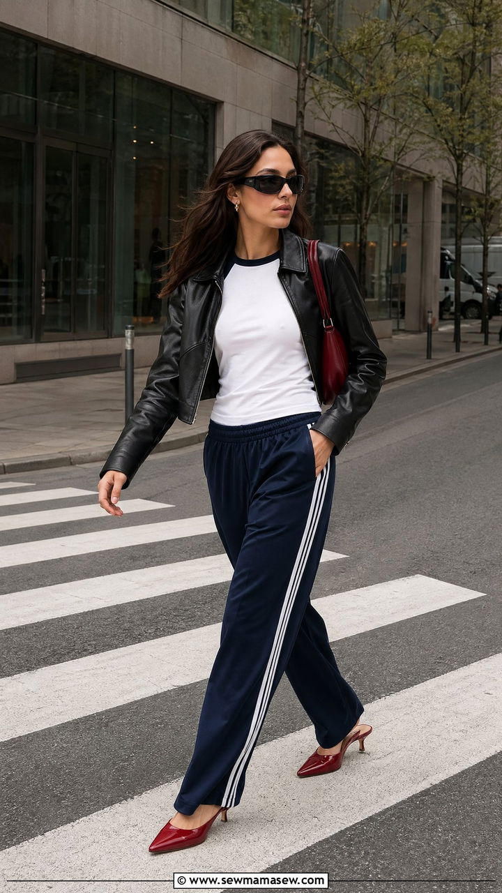 Track trousers with a fitted raglan tee leather jacket and kitten heels - 35 Spring outfit ideas 2026