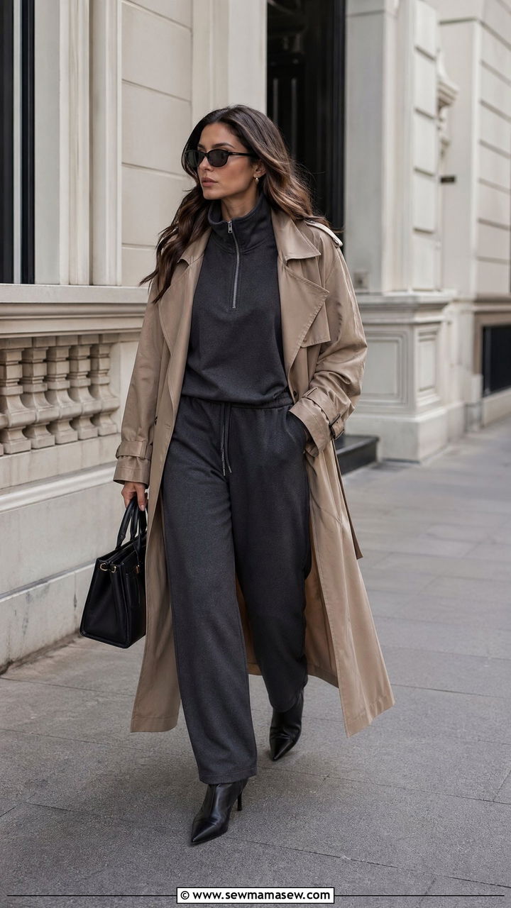 Tracksuit Set with Trench Coat and Heeled Boots - 35 sporty chic outfits for women