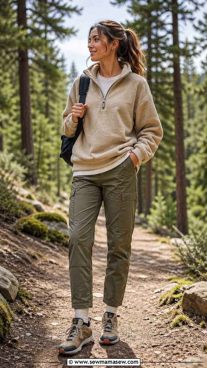 Trail Sneakers with Utility Pants and Fleece Pullover - 30 sneaker outfits ideas