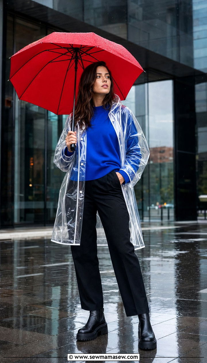 Transparent PVC raincoat with colorful sweater layers - 35 rainy day outfits for women