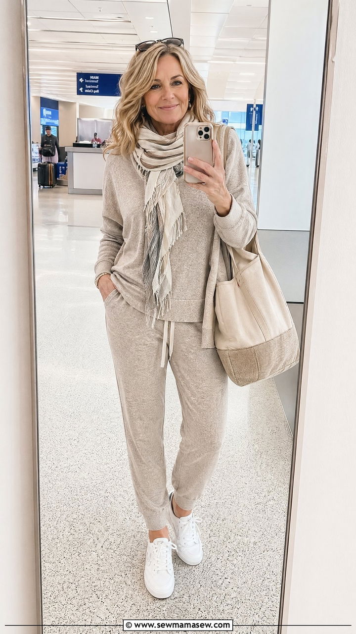 Travel Knit Lounge Set and White Sneakers Outfit - 35 Summer capsule wardrobe for women over 50