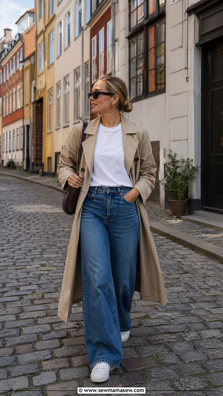 Trench Coat And Wide Leg Jeans Copenhagen Outfit - 35 Copenhagen outfits ideas