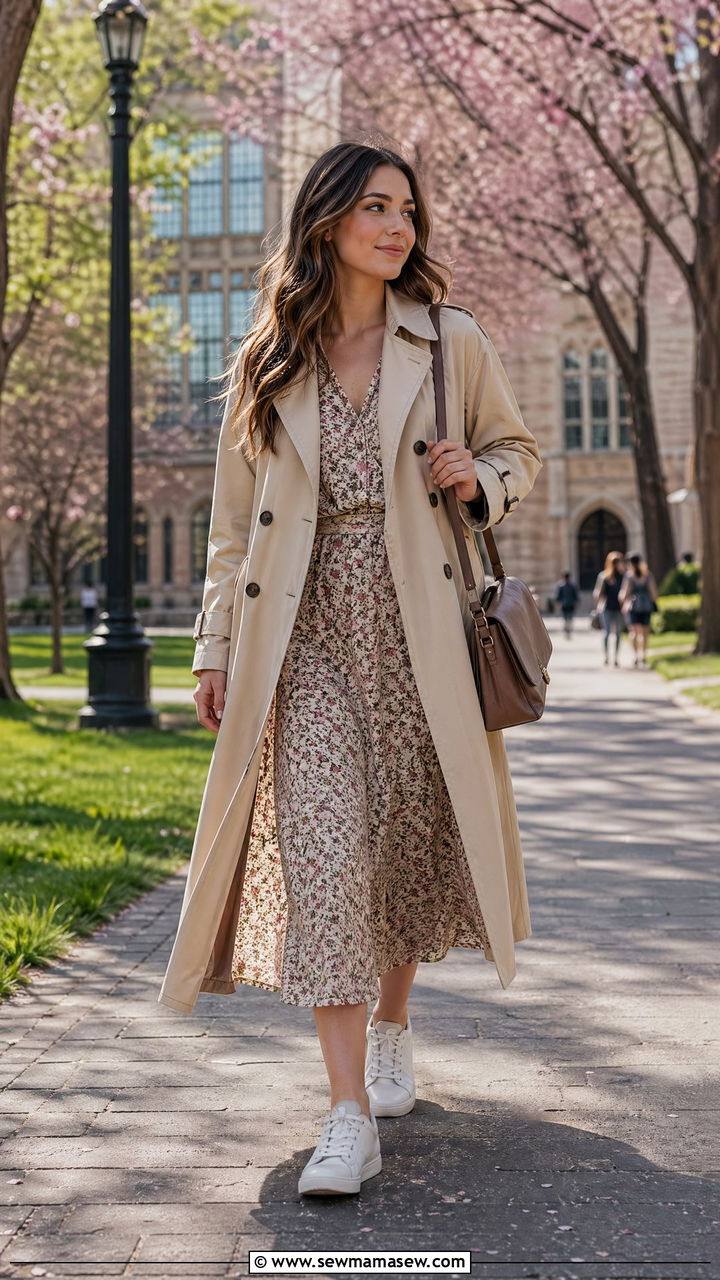 Trench Coat Layered Over a Midi Dress - 35 Spring outfits for college