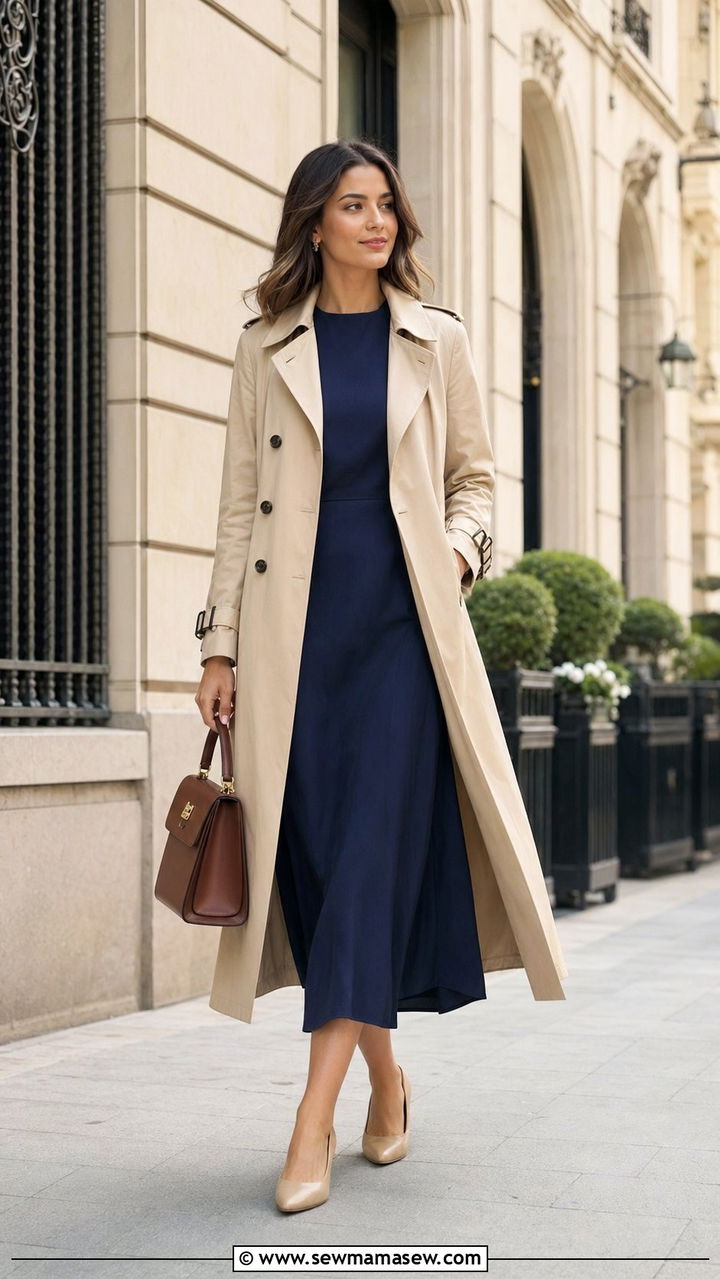 Trench Coat Layered Over a Midi Dress - 35 Modest outfit ideas for moms